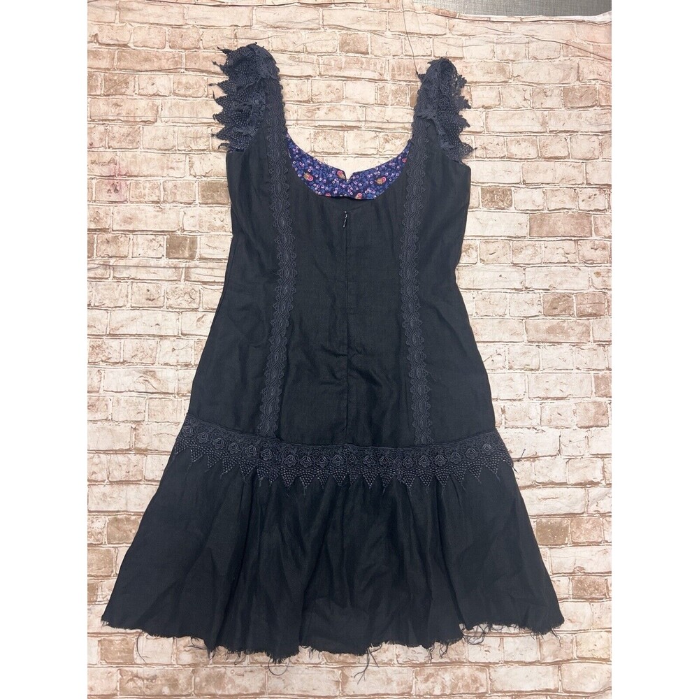 TRACEY FEITH Dress L black Cap Sleeve Lace Goth Witchy Linen Raw‎ Hem - Picture 3 of 8